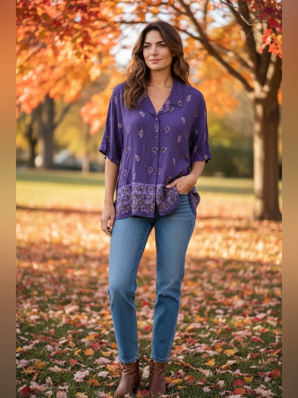 Kathie Lee Collection Purple Paisley Button-Down Top